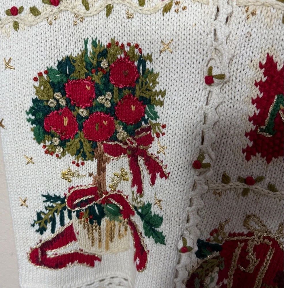 Tiara International Vintage 1997 Christmas Sweater Vest Cream Beaded Noel Medium